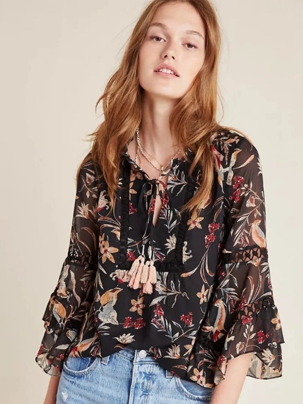 Maeve Anthropologie Odette Peasant Shirt S Bird Black Chiffon Boho Bell Sleeve